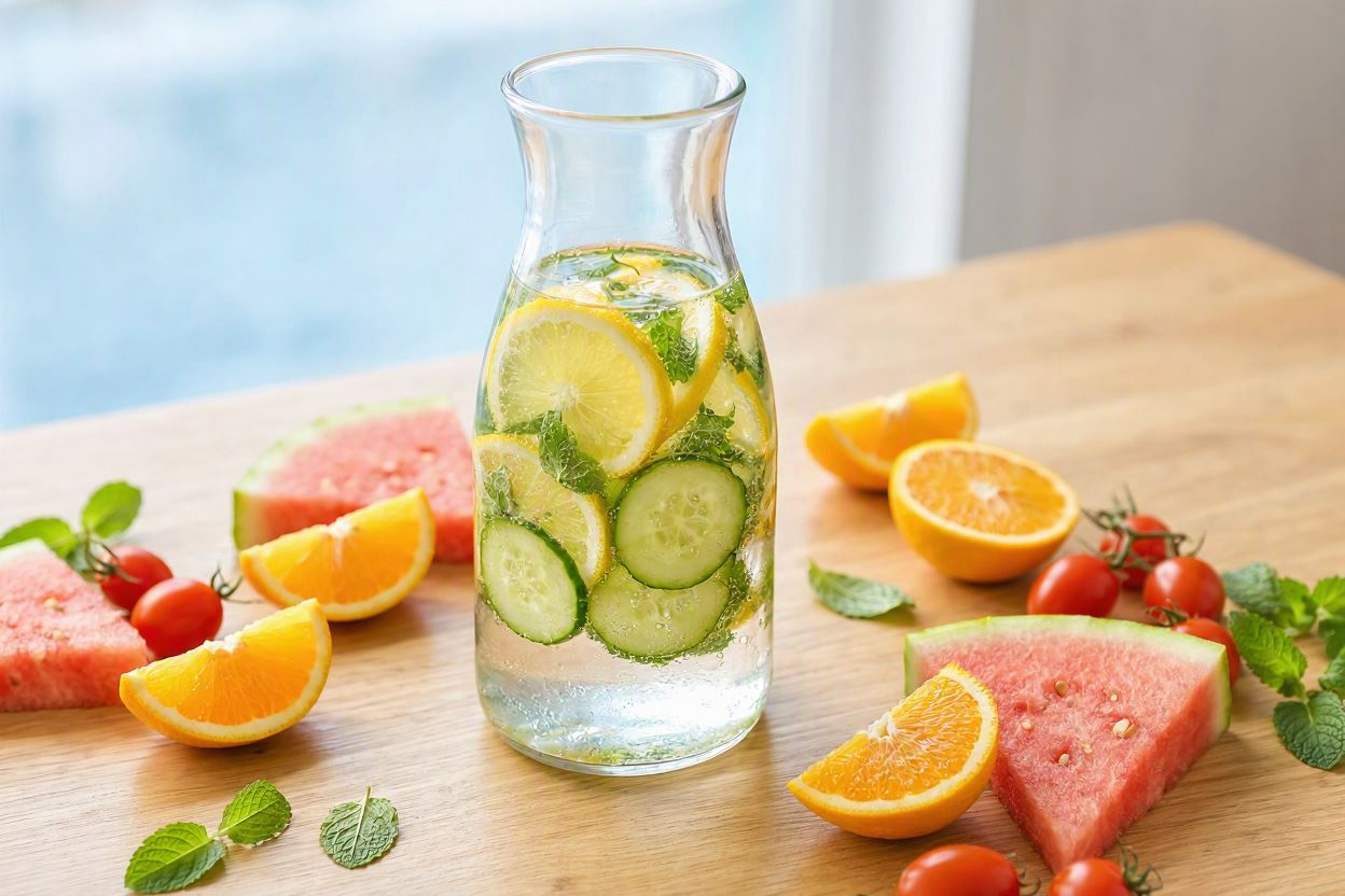 Une carafe d’eau aromatisée au citron et à la menthe sur une table, entourée de fruits frais