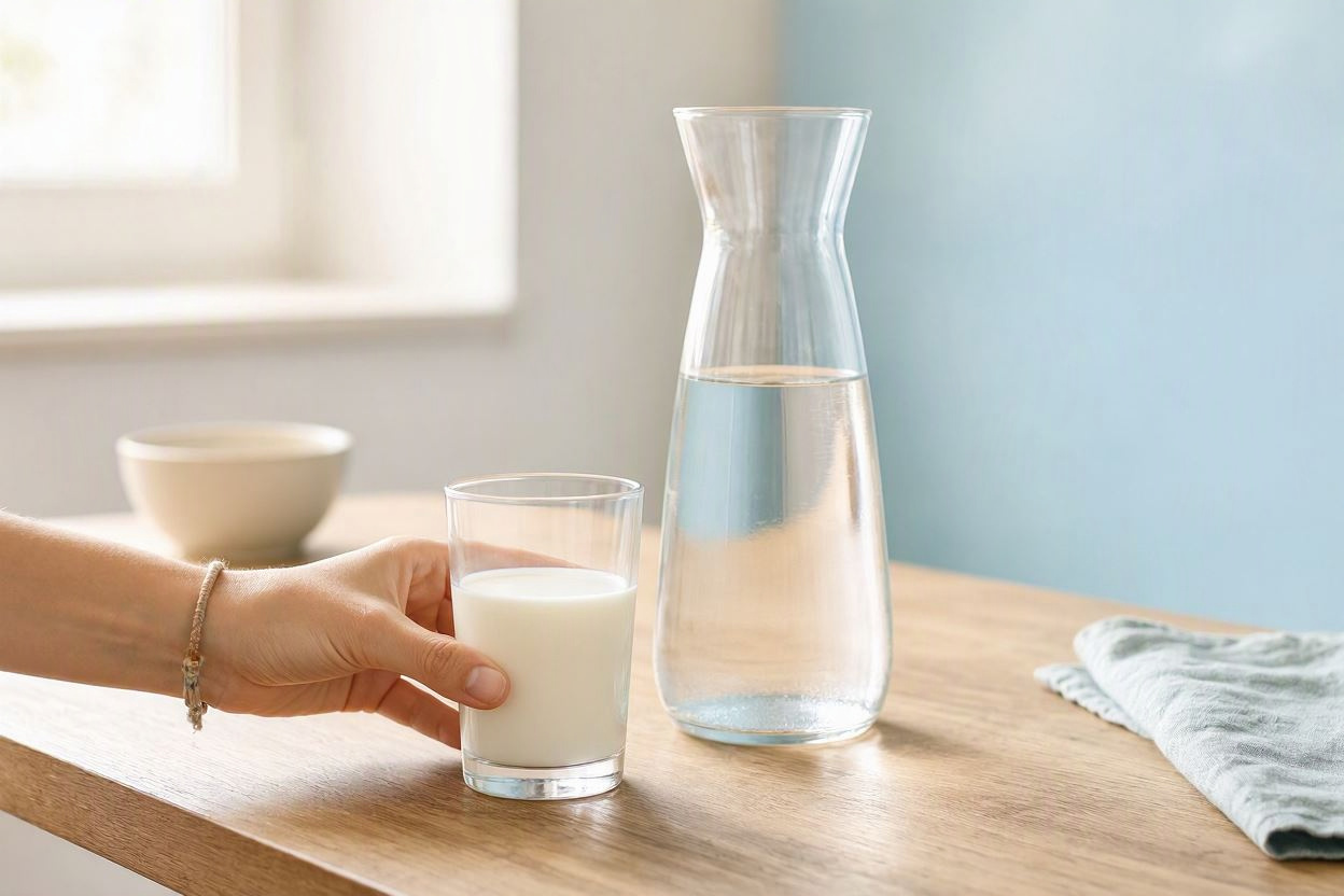 Un verre de lait et un verre d’eau posés côte à côte sur une table en bois clair